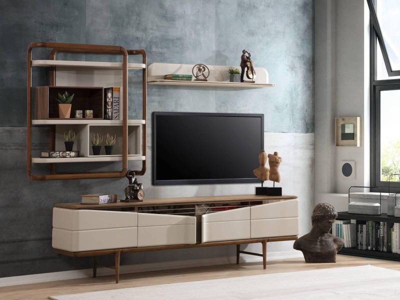 Beige Wohnzimmer Garnitur RTV-Lowboard 2x Regale Holz Designer Möbel von JV Möbel