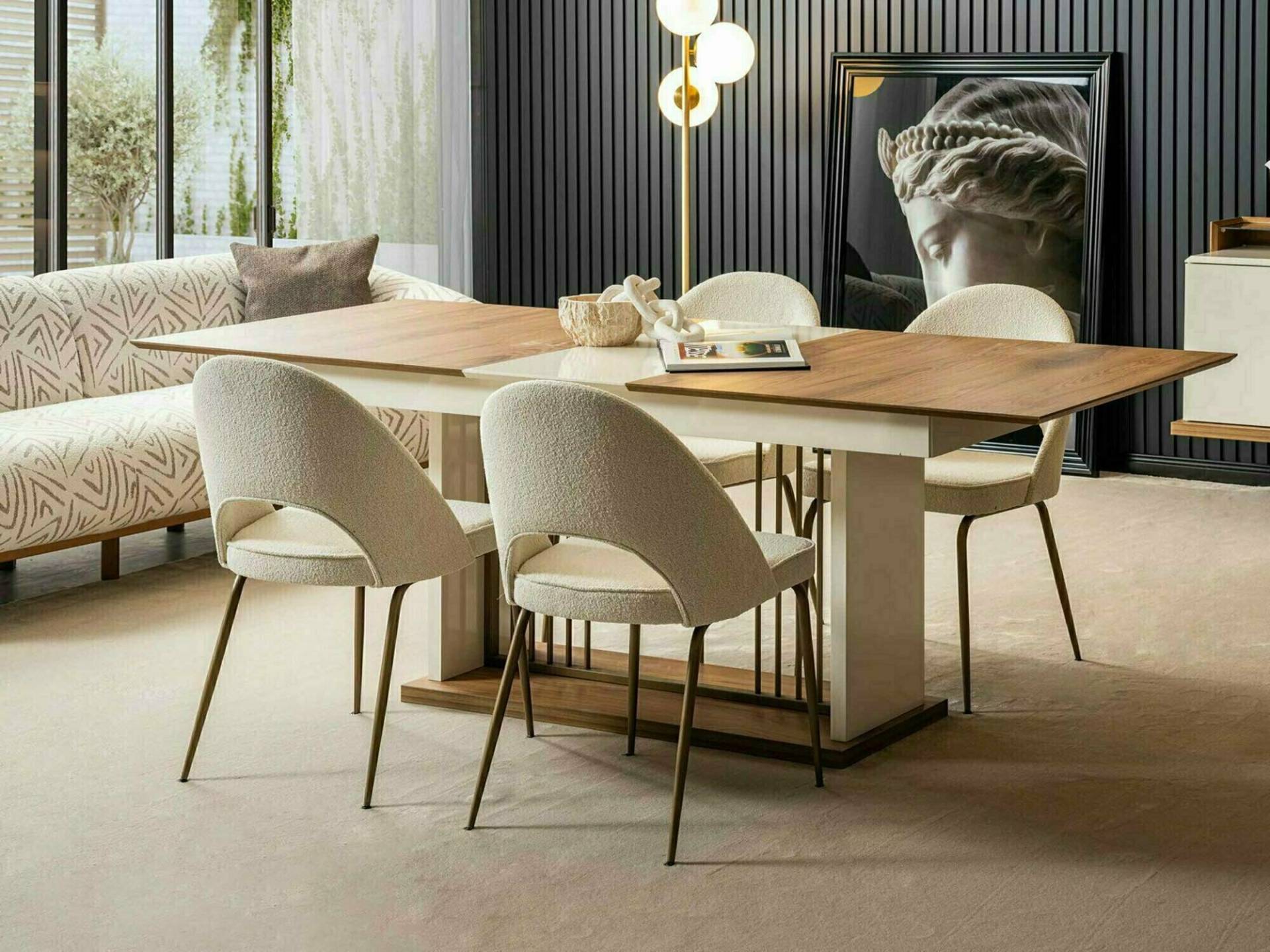 Beiges Esszimmer Set Rechteckiger Holztisch Designer 4x Polsterstühle Beiges Esszimmer Set Rechteckiger Holztisch Designer 4x Polsterstühle von JV Moebel