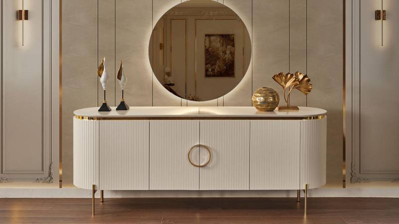 Besteht aus Esszimmer Set Besteht aus Beige Farbe Anrichte und Spiegel von JV Möbel