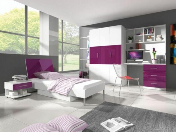 Bett + Nachttisch Kinderzimmer Möbel Bett Kinderbett Nachttisch 2tlg. Lila Neu von JV Möbel