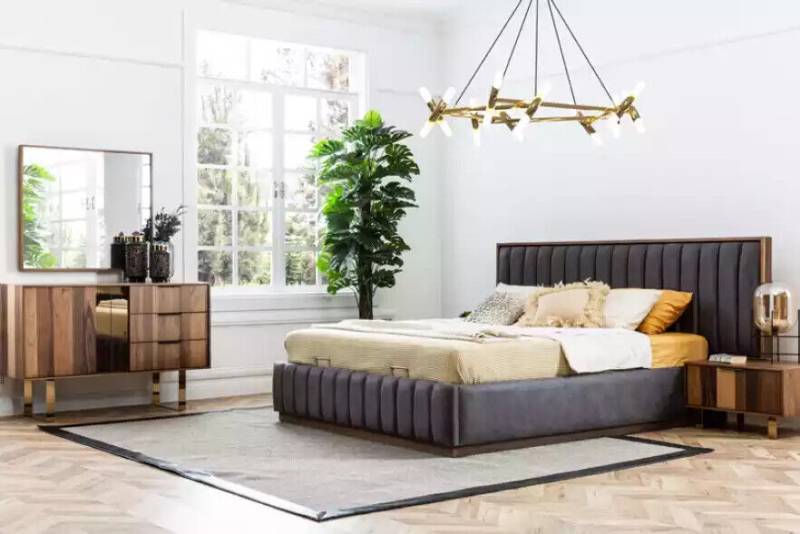 Bett 2x Nachttische 5tlg. Schlafzimmer Set Designer Luxus Kommode Spiegel von JV Möbel