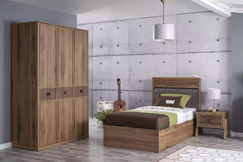 Bett Holzbett mit Bettkasten Garnitur Jugendbett Holz Braun Set 3tlg von JV Möbel