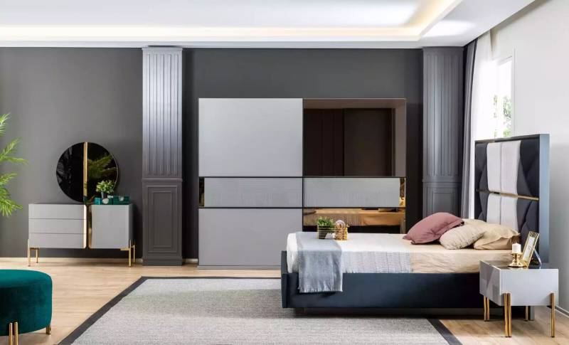 Blau Grau Schlafzimmer Set Bett Kommode Spiegel Kleiderschrank Luxus 6tlg. von JV Möbel