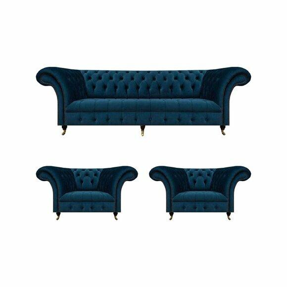 Blaue Chesterfield 2x Sessel Wohnzimmer Dreisitzer Polster Couch 3tlg von JV Moebel