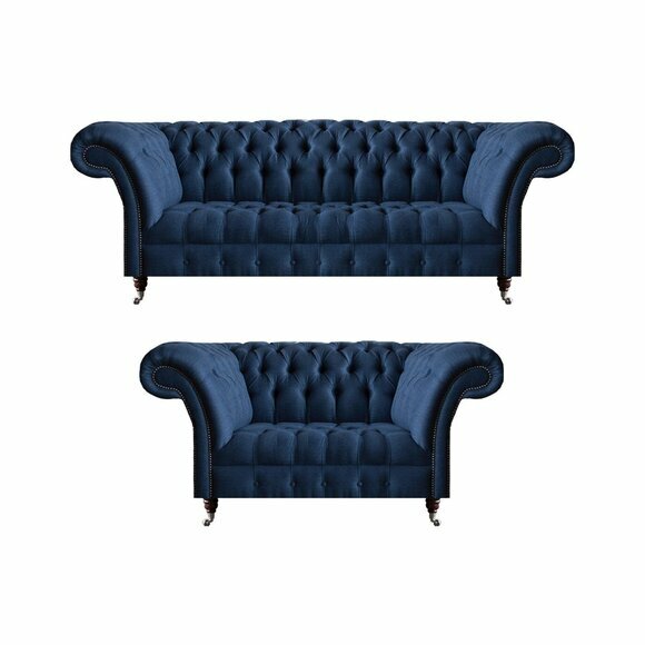 Blaue Sofagarnitur Chesterfield Textil Couchen Dreisitzer Zweisitzer 2tlg von JV Moebel