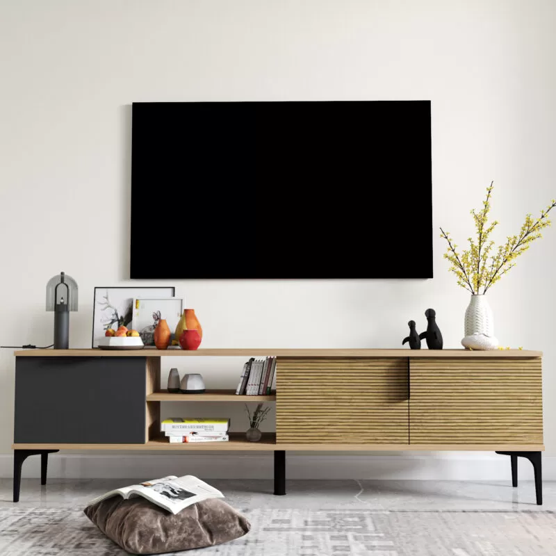Braun-Grau RTV TV-Lowboard Schrank Modern Design Rechteckig Form Wohnzimmer von JV Möbel