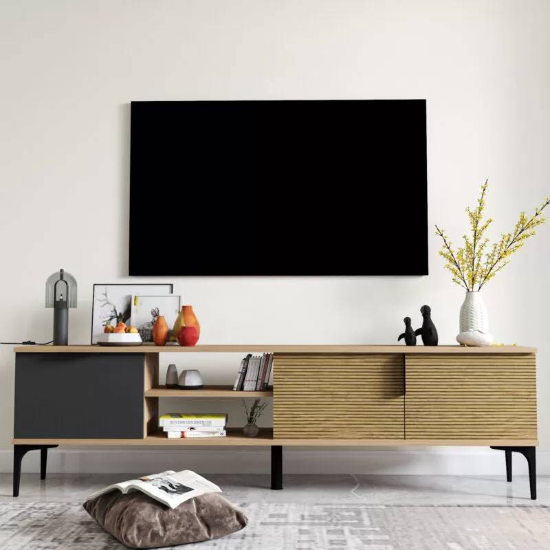 Braun-Grau RTV TV-Lowboard Schrank Modern Design Rechteckig Form Wohnzimmer von JV Möbel