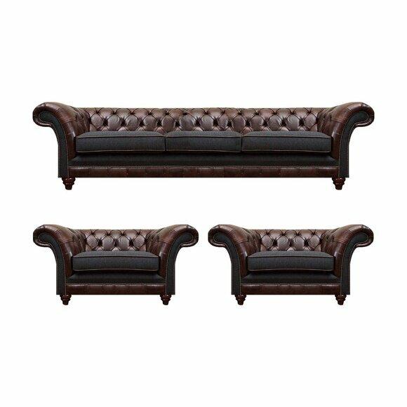 Braun-Graue Chesterfield Sitzgarnitur 2x Ledersessel Dreisitzer 3tlg Set von JV Moebel