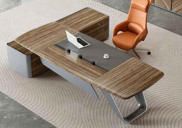 Braun-Grauer Arbeitstisch Designer Büromöbel Eckschreibtisch Holzgestell von JV Moebel