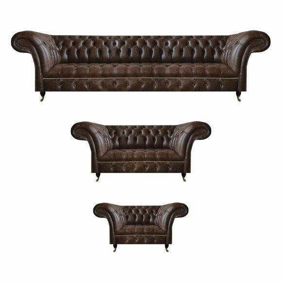 Braune Chesterfield Ledergarnitur Wohnzimmer 4-Sitzer Zweisitzer Sessel von JV Moebel