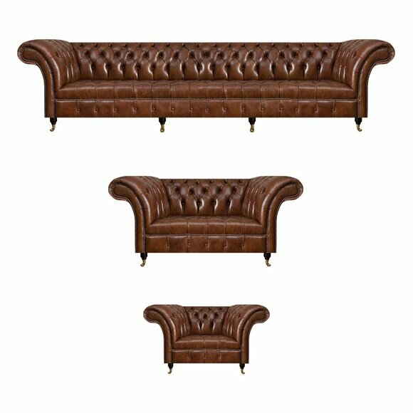Braune Chesterfield Ledersofas Garnitur Designer Ledercouchen Set 3tlg von JV Moebel