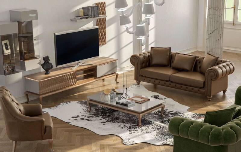 Braune Chesterfield Luxus Sofagarnitur Moderner Dreisitzer Sessel Textil von JV Möbel
