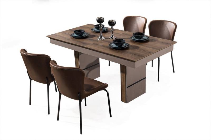Braune Esszimmer Garnitur Luxus Verstellbarer Esstisch 4x Textil Stühle von JV Möbel