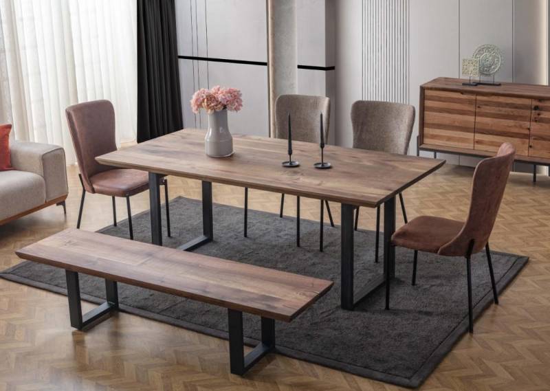 Braune Esszimmer Möbel Luxuriöser Esstisch 4x Poslterstühle Holz Bank von JV Möbel
