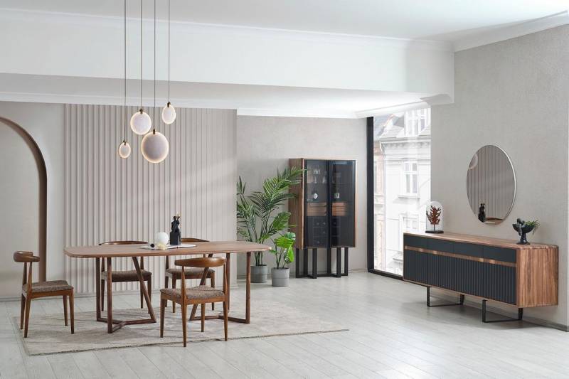 Braune Luxuriöse Esszimmer Garnitur Holztisch 4x Polsterstühle Kommode von JV Möbel