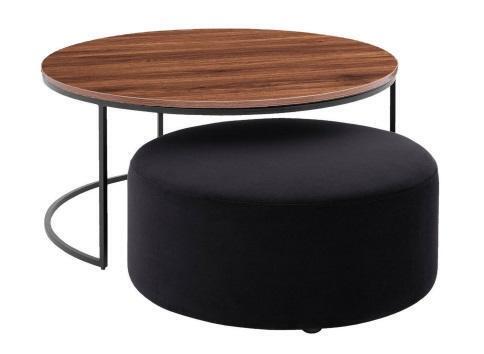 Brauner Couchtisch + Textil gepolsterter schwarzer Sitzhocker Set von JV Möbel