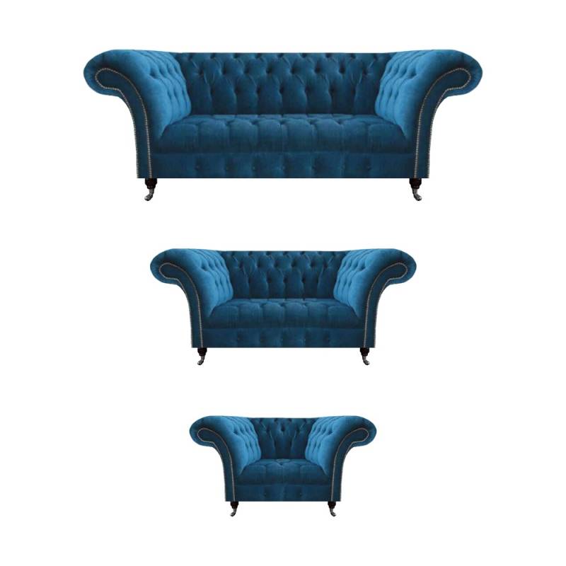 Chesterfield Blaue Polstergarnitur Wohnzimmer Sofagarnitur 3-Sitzer 3tlg von JV Moebel
