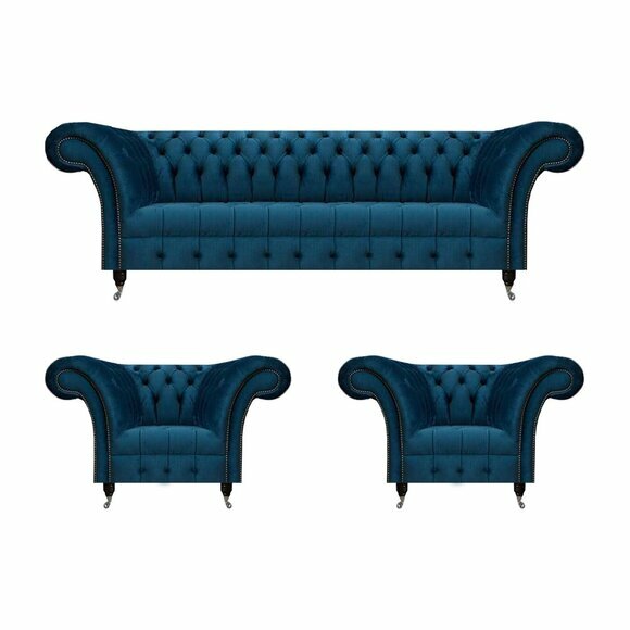 Chesterfield Blaue Sitzgarnitur Modernes Komplettes Wohnzimmer Sofa Set von JV Moebel