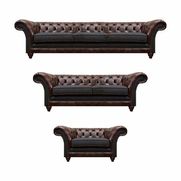 Chesterfield Braun-Graue Garnitur Ledersofas Designer Komplettes 3tlg Set von JV Moebel
