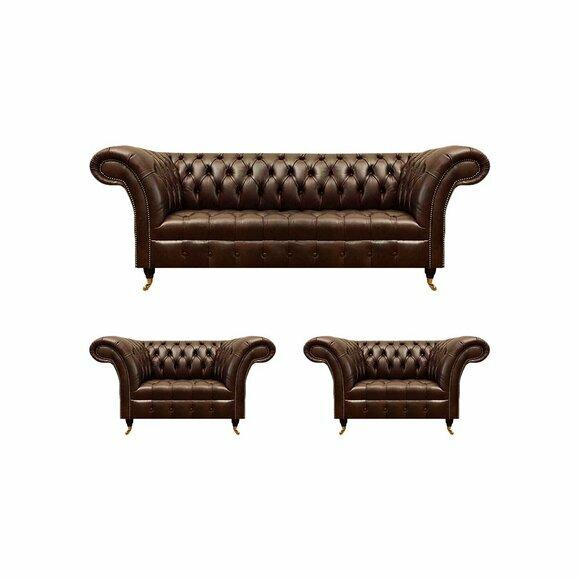Chesterfield Braune Ledergarnitur Wohnzimmer 2x Sessel Edler 3-Sitzer Chesterfield Braune Ledergarnitur Wohnzimmer 2x Sessel Edler 3-Sitzer von JV Moebel