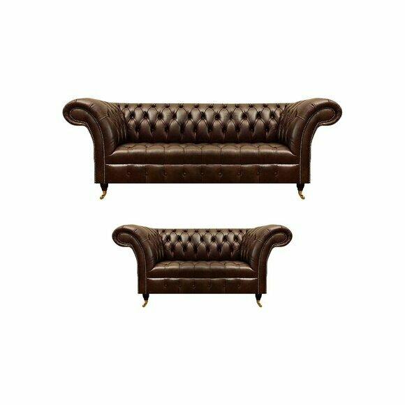 Chesterfield Braune Ledersofas Edle Wohnzimmer Couchen 2tlg Garnitur von JV Moebel