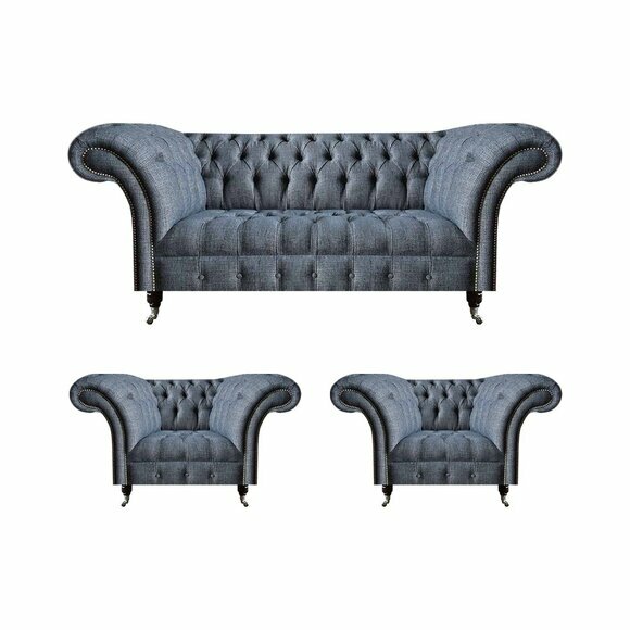 Chesterfield Garnitur Graue Polster Sitzmöbel 2x Lehnsessel Dreisitzer von JV Moebel