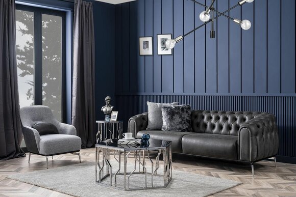 Chesterfield Garnitur Sofa 4 Sitz Sessel Viersitzer Kunstleder Schwarz von JV Möbel