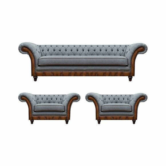 Chesterfield Grau-Braune Sofagarnitur Designer 2x Sessel Edler Dreisitzer von JV Moebel