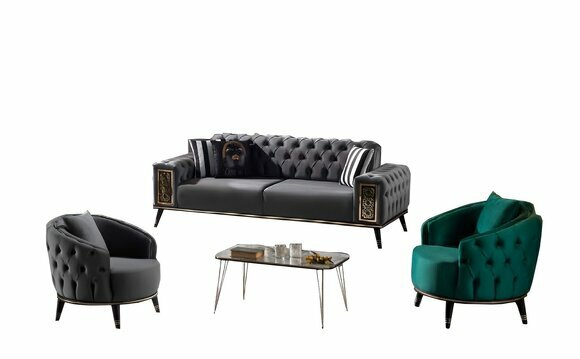 Chesterfield Grau-Grüne Sofagarnitur Designer 2x Dreisitzer Polstersessel von JV Moebel