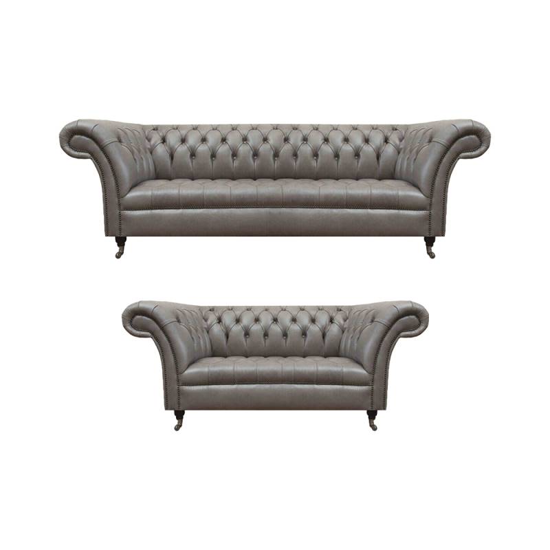 Chesterfield Graue Ledercouchen Designer Wohnzimmer Polster Sitzmöbel von JV Möbel
