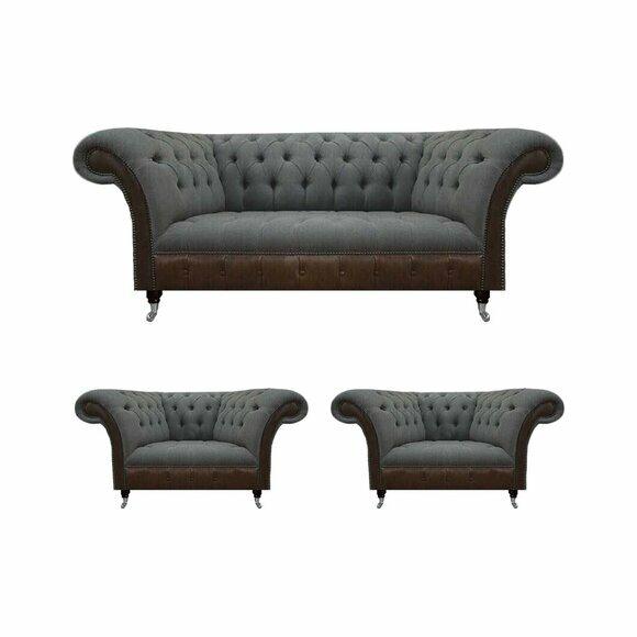 Chesterfield Graue Sofagarnitur Wohnzimmer Couchen 3-Sitzer 2x Sessel von JV Moebel