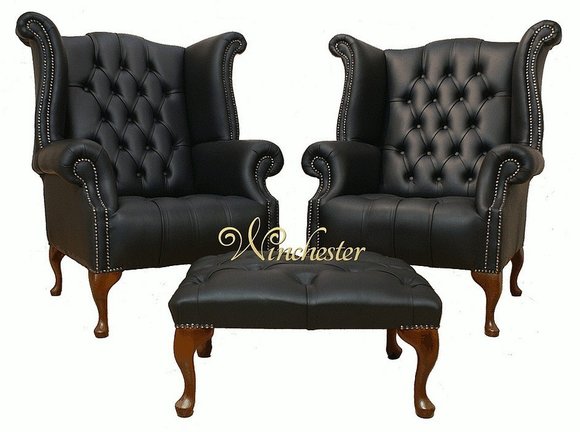 Chesterfield Ohrensessel 2x + Hocker Leder Sofa Set Garnitur Polster von JV Möbel