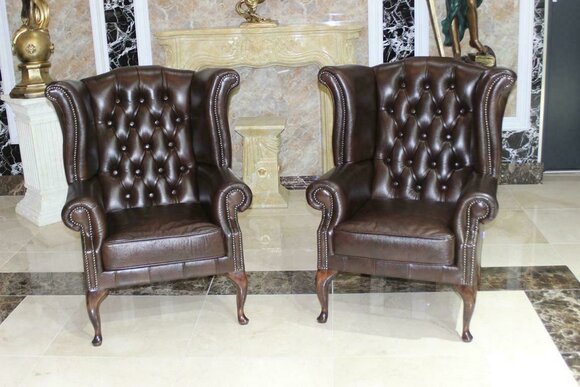 Chesterfield Ohrensessel Echtleder Sessel Sofa Polster Sitz Loung Braun von JV Möbel