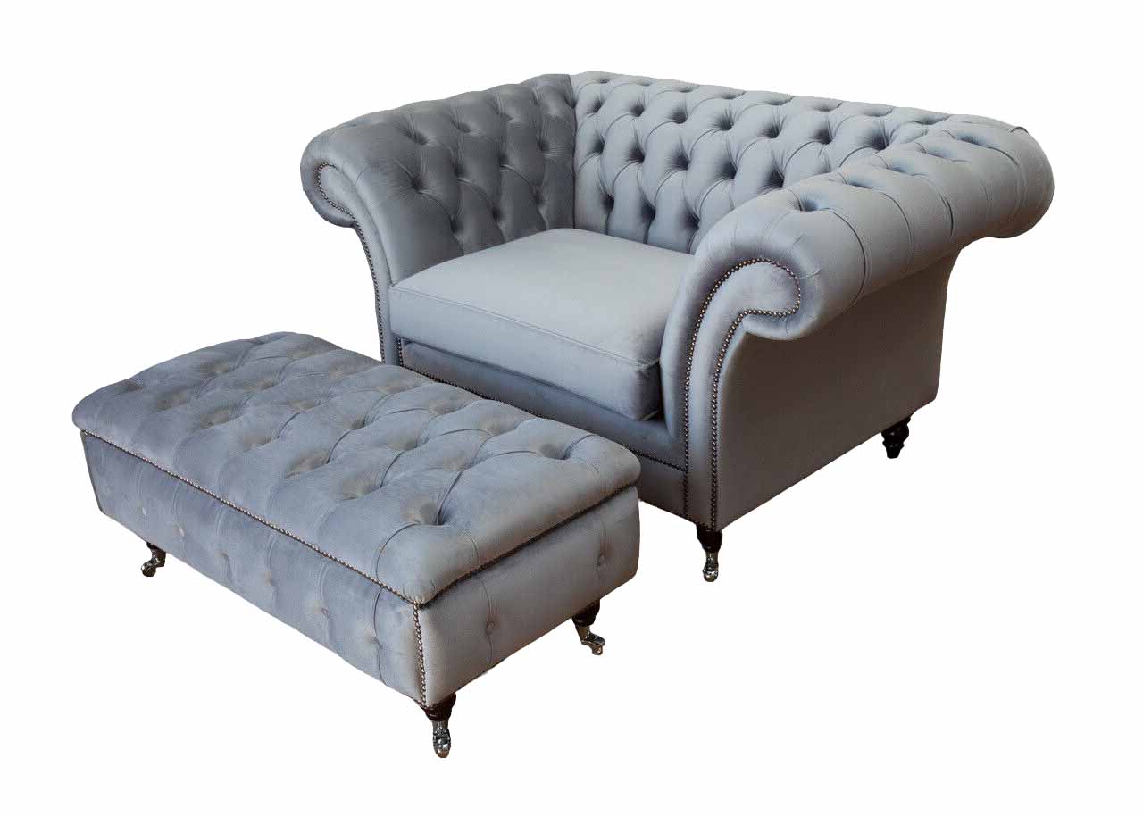 Chesterfield Ohrensessel Hocker Sessel Couch Polster Set Grau Textil Chesterfield Ohrensessel Hocker Sessel Couch Polster Set Grau Textil von JV Möbel