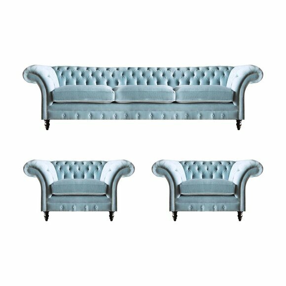 Chesterfield Polster Sitzmöbel Blaue Sofagarnitur 3-Sitzer 2x Sessel von JV Moebel