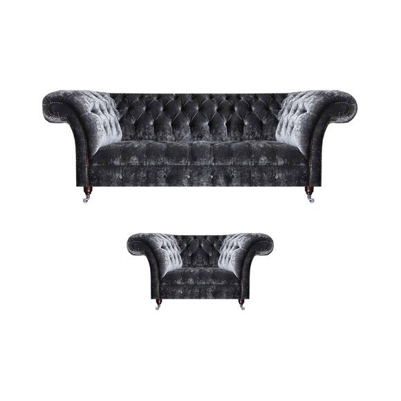 Chesterfield Polstermöbel Wohnzimmer Textil Dreisitzer Edler Sessel 2tlg von JV Moebel