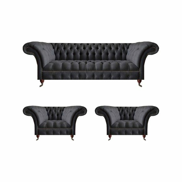 Chesterfield Schwarze Sitzgarnitur Wohnzimmer 3-Sitzer Couch 2x Sessel von JV Moebel