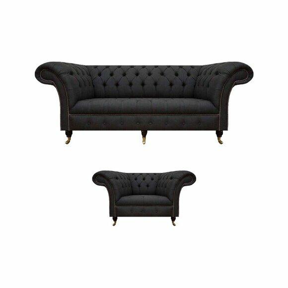 Chesterfield Schwarze Stoffgarnitur Designer 3-Sitzer Polstersessel 2tlg von JV Moebel