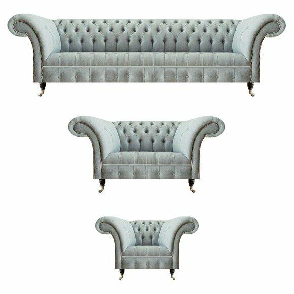 Chesterfield Wohnzimmer Garnitur Hellgraue Polstercouchen 3tlg Sitzset von JV Moebel