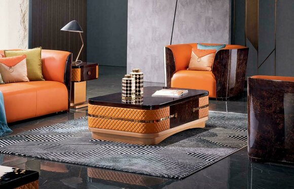 Couchtisch Tisch Leder Stein Sofa Beistell Luxus Tische Orange Wohnzimmer von JV Möbel