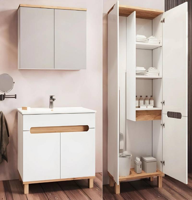 Design Badezimmer Möbel 4tlg Set Schrank Waschbecken Wandschrank mit Spiegel von JV Möbel