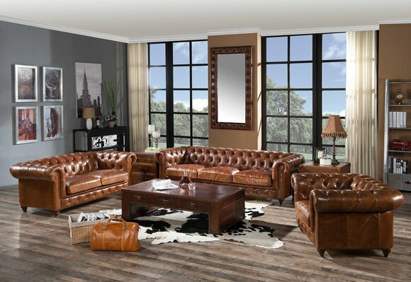 Design Club Lounge 4 Sitzer Sofa Ledersofa Dreisitzer Vintage Leder Chesterfield von JV Möbel