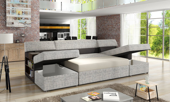 Design Ecksofa Markos U-form Bettfunktion Couch Hochtöner Leder Textil von JV Moebel
