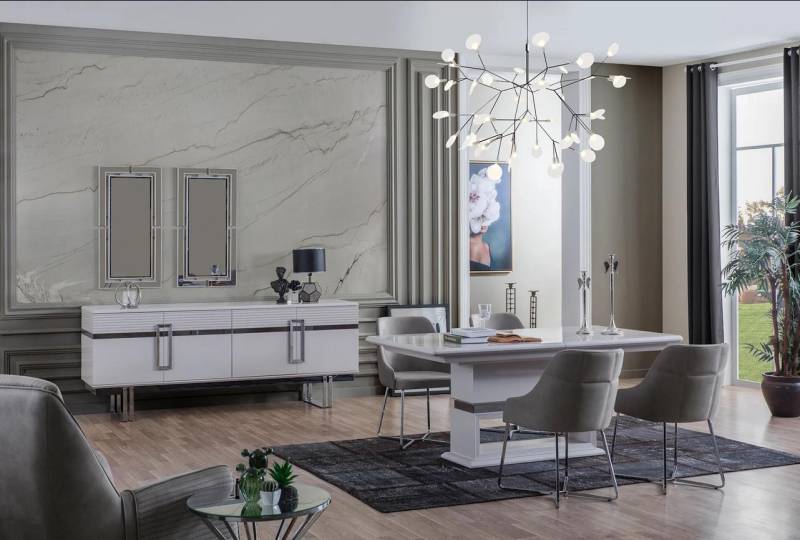 Design Esszimmer Set Esstisch + 4x Stühle + Anrichte mit 2x Spiegel 8 tlg von JV Möbel