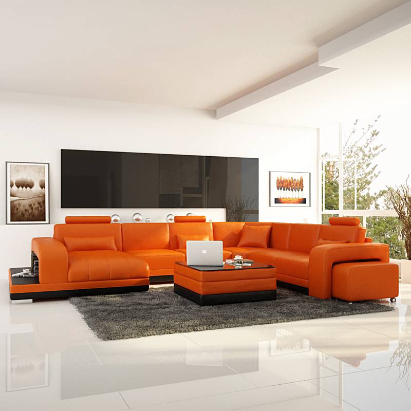 Design Leder Wohnlandschaft Eck Sofa Moderne Garnitur Couch Ecke Neu Orange USB von JV Möbel
