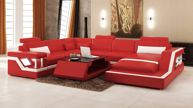 Design Leder Wohnlandschaft Eck Sofa Moderne Garnitur Couch Ecke Rot USB + LED von JV Möbel