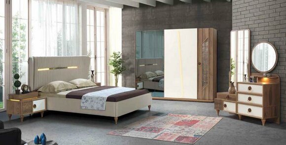 Design Schlafzimmer Set Bett Nachttische Kommode Kleiderschrank 5tlg. von JV Möbel