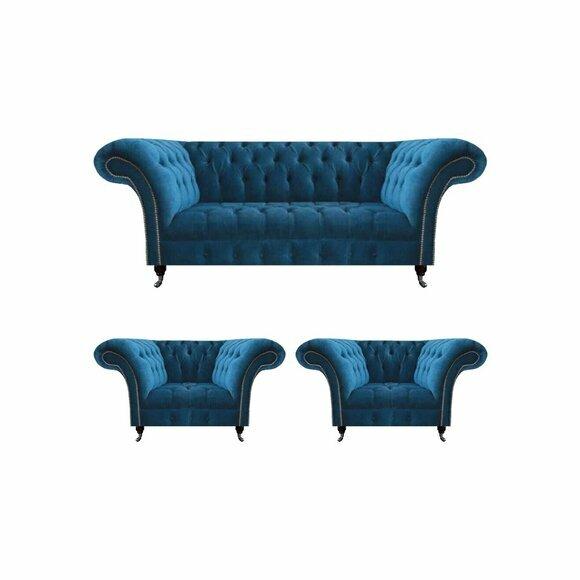 Designer Blaue Chesterfield Polstermöbel Wohnzimmer Couch 2x Sessel 3tlg von JV Moebel