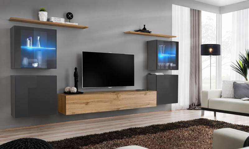 Designer Braun Wohnwand Wand Regale Schrank Wohnzimmer Holz Möbel Stil Modern von JV Möbel