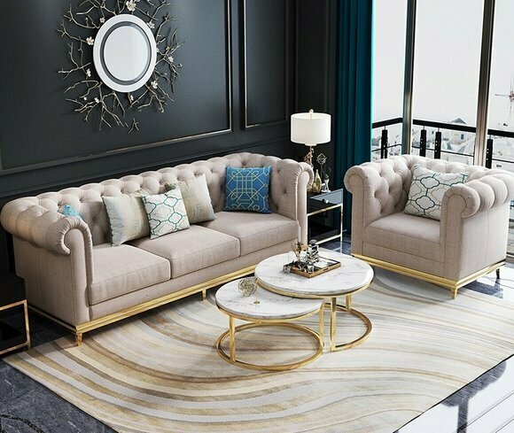 Designer Couch Polster Sitz Garnitur Sofa 3+1 Wohnzimmer Leder Metall von JV Möbel
